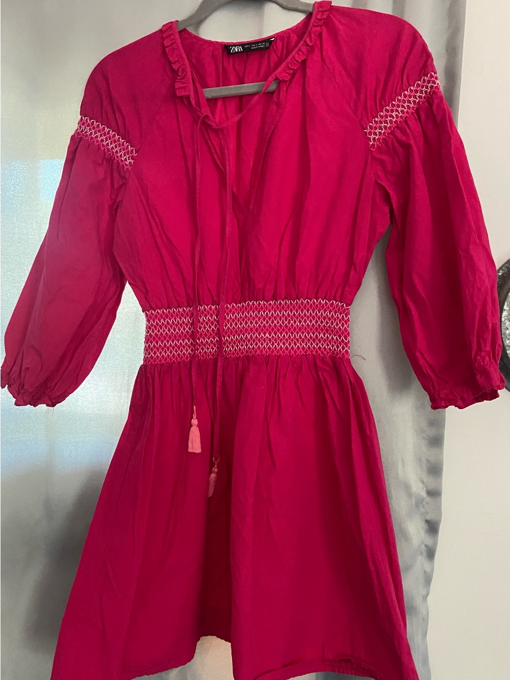 Zara Fuchsia Smocked Waist Tie-Neck Mini Dress